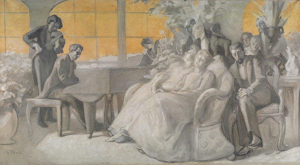 Musiken av Georg Pauli1905. Dörröverstycke i stora salongen på Prins Eugens Waldermarsudde. Tor Aulin och Wilhelm Stenhammar spelar sonater för bl a prinsen själv, Richard Bergh och Anders Zorn. (Prins Eugens Waldermarsudde)