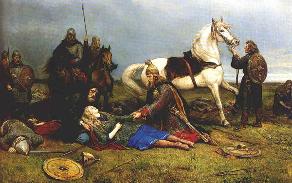 Hervors död. Målning av Peter Nicolai Arbo (1831-1892). Hervor är en av huvudpersonerna i Stenhammars opera Tirfing.
